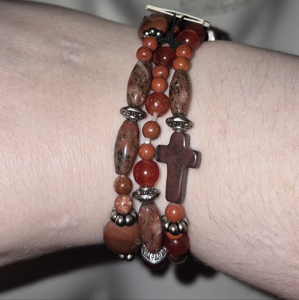 Vintage Believe In.. By Cellini Jasper Beaded Stretch Bracelet With Crosses New - Picture 2 of 4